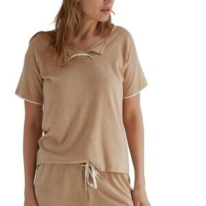 Oyun Split Neck Shirt Knit Loungewear Sleep Camel Short Sleeve Top Blouse Medium